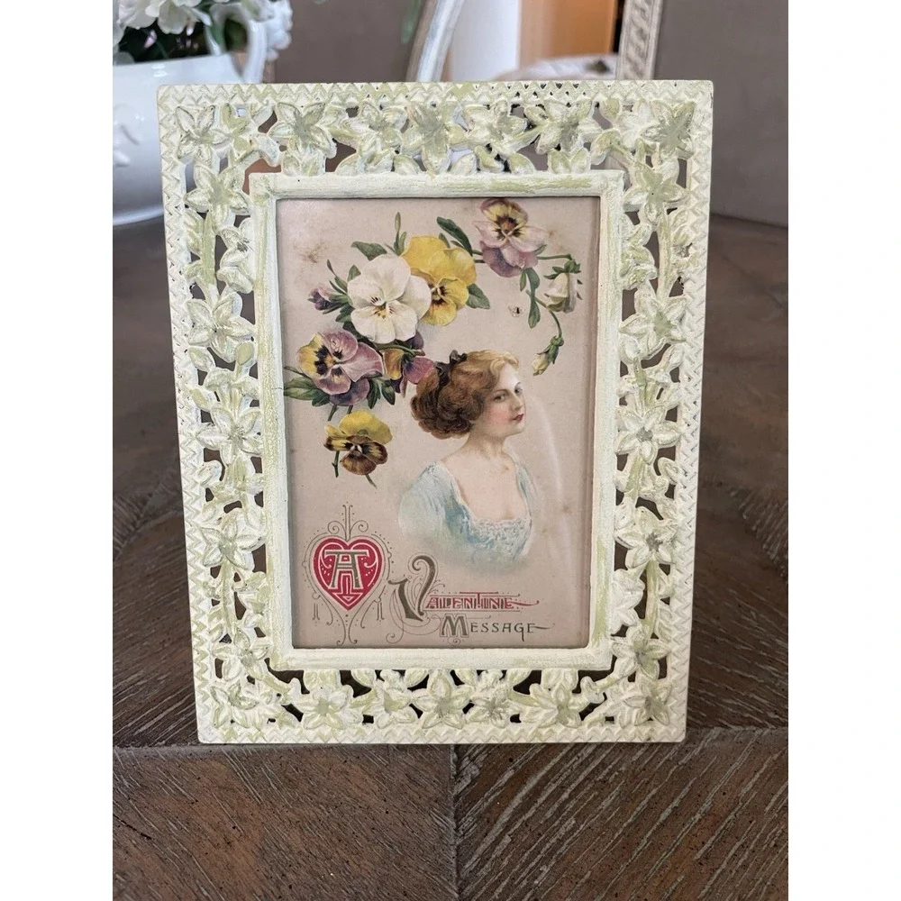 Vtg Victorian Valentine Card Framed in Metal Floral Easel Back Frame 5x7